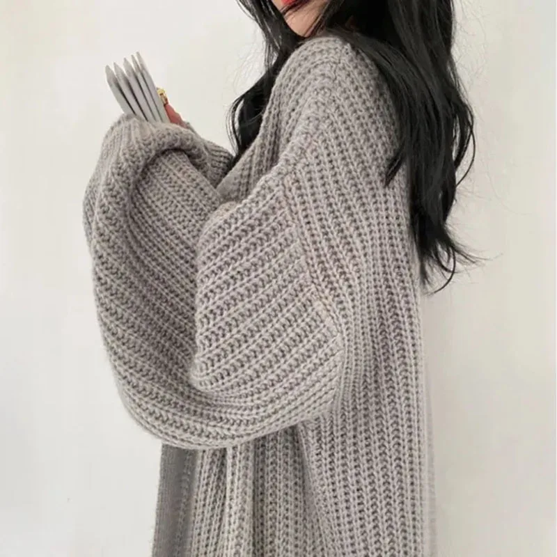 Women Streetwear Cardigan Lantern Sleeve Lazy Loose Sweater Autumn New Knitting Solid Harajuku Outwear Fashion Casual