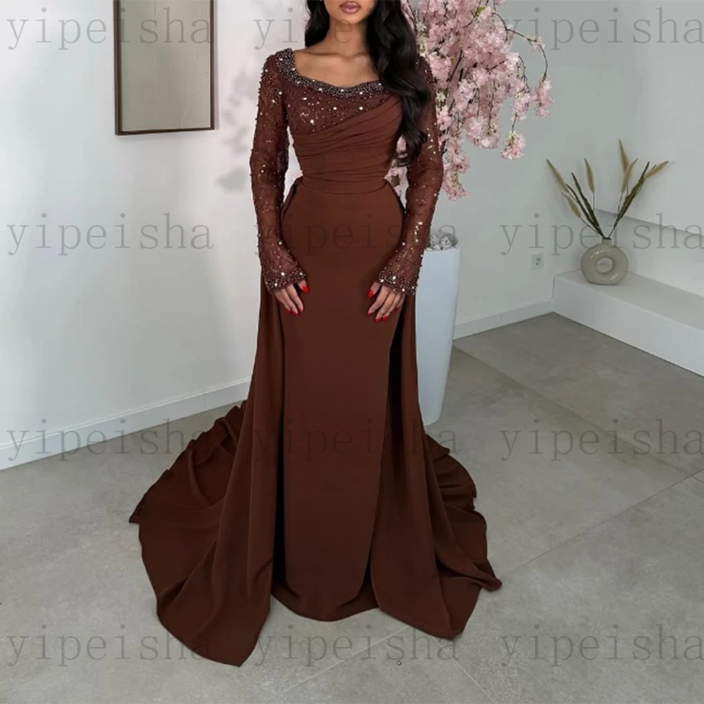 Vestidos de Noche de sirena con cuello en V personalizados, cuentas de lentejuelas, manga completa, tren desmontable, vestido de fiesta largo sin espalda