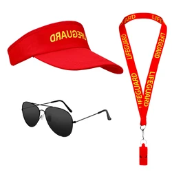 3pcs Lifeguard Costume Set Hat Whistle glasses Lifeguard Accessories Red Fancy Dress for Adults Men Women Halloween Pool Party