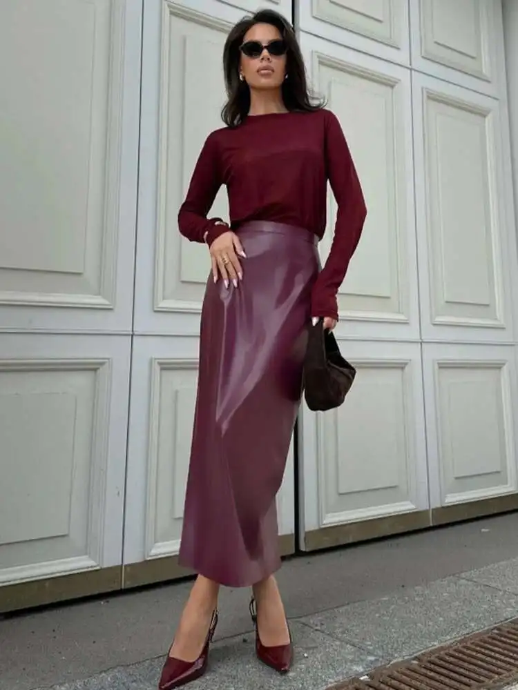 Women Elegant Burgundy Skirt High Waist Slim Fashion Slit Long Skirts Female Party Slim Club Sexy Vintage PU Skirts red WQR8