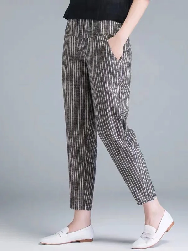 

Slim Fit Harem Pants Women's Spring Summer Cotton Linen Striped Casual Trousers High Waist Korean Sle Commute Faion