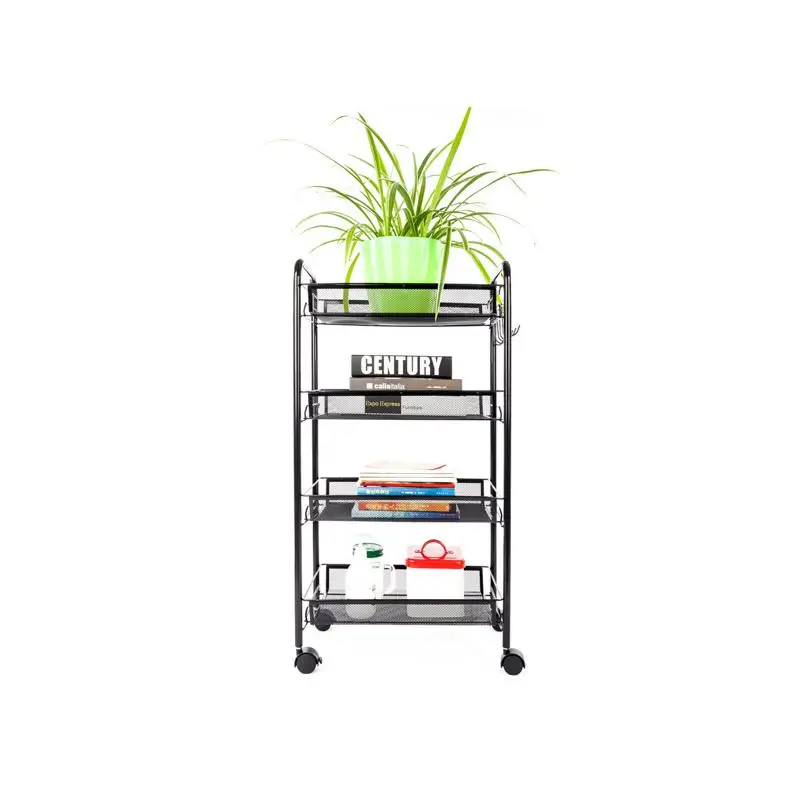 

Four-Tier Storage Cart with Hooks - Black Honeycomb Design, Multi-Functional Organizer for Home & Office Use
