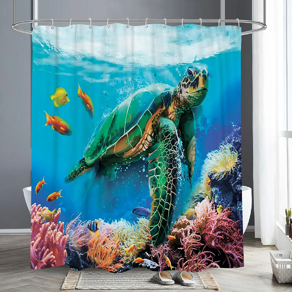 Ocean Animals Shower Curtains Dolphin Sea Turtle Fish Coral Underwater Cave Scenery Fabric Children Bath Curtain Bathroom Deco