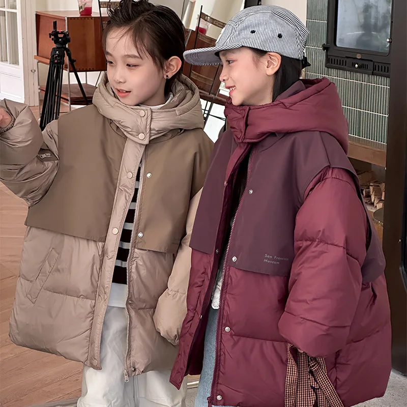 2024 Children Girl Autumn Winter Warm Down Jacket Color Blocking Detachable Hat Kid Boys Overcoat Windproof 4-12Y Girl Outerwear