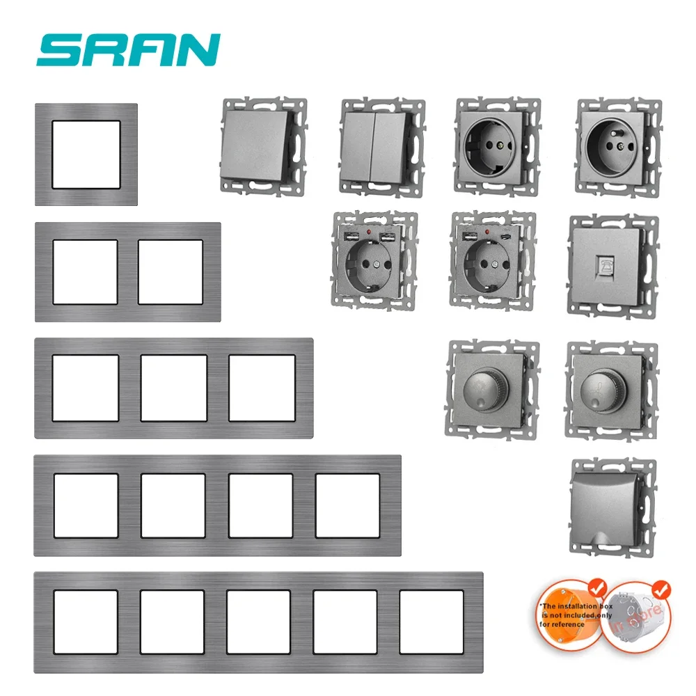 SRAN F9 serie gris aleación de aluminio Panel interruptor de luz UE francés tomas de corriente USB enchufe de pared TV rj45 módulo de enchufe DIY