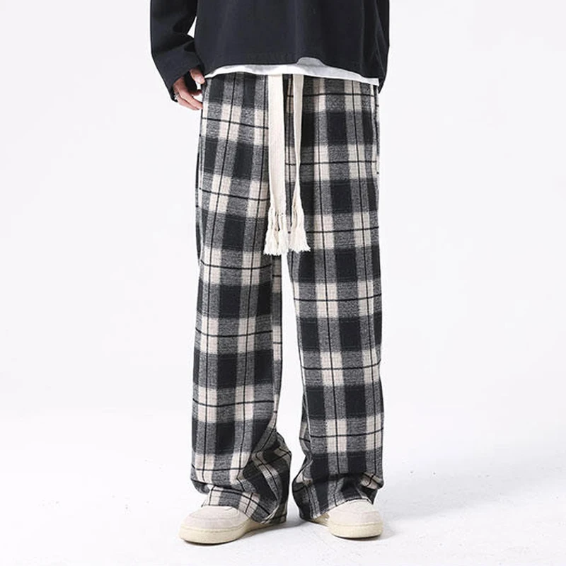 

Men Casual Plaid Pants Long Loose Wide Leg All-match Elastic Waist Fashion Drawstring Trousers Streetwear Harajuku M-8XL