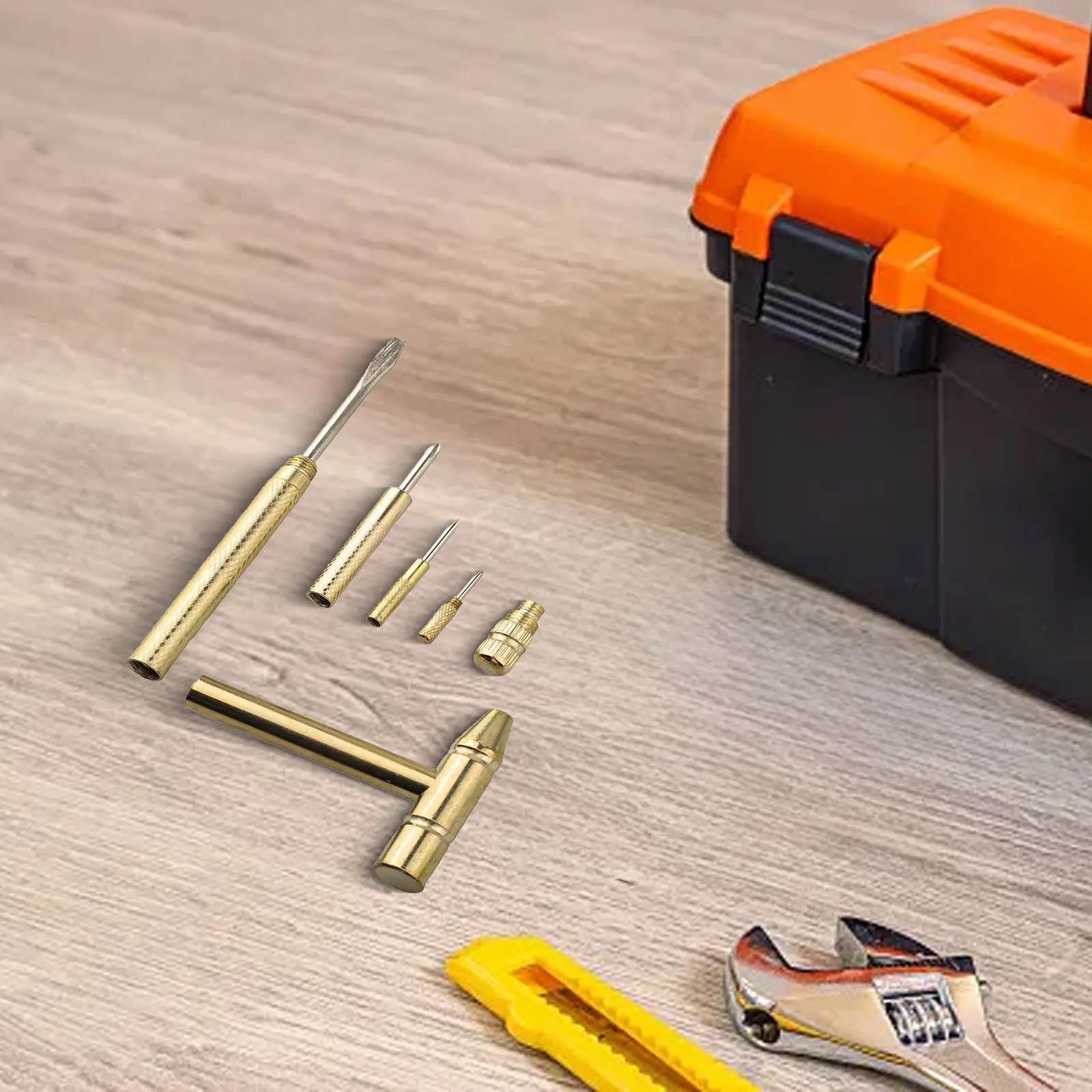 Mini marteau en laiton multifonction, embouts de tournevis croisés à fente, outils à main, or, artisanat, 6 en 1, 1 jeu