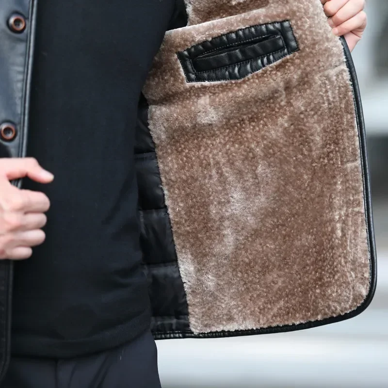 YXL-838 Natural Leather Men's Autumn and Winter Sheepskin Casual Lapel Mid Length Business Leather Down Jacket Plus Size