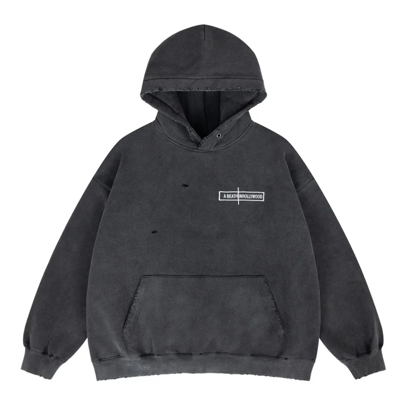 Mens Fleece Lined Hooded Sweatshirt Vintage Distressed Hollywood Print Winter Warm Hoodie sweatshirts