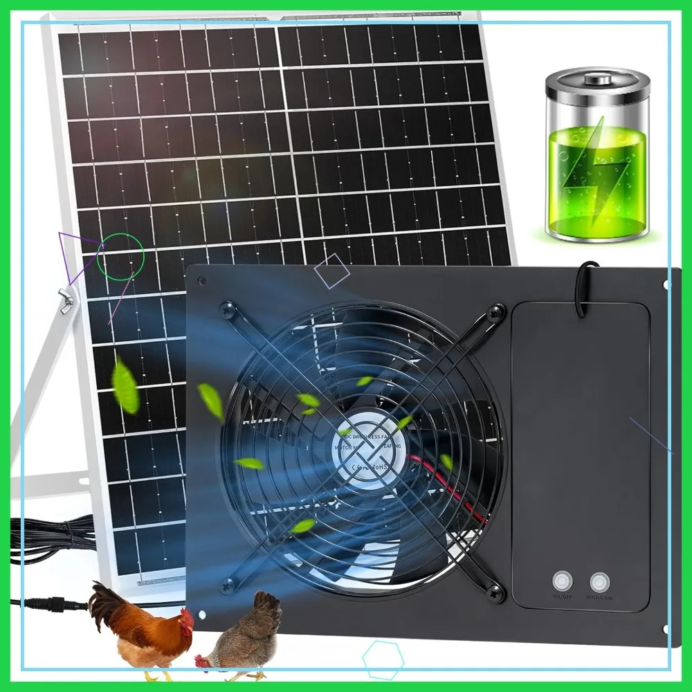 

25W Solar Exhaust Fan with Battery, 2 Speeds, IP65 Waterproof 7.1" for Chicken Coop, Greenhouse, Shed