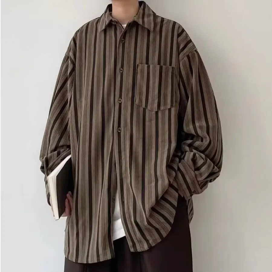 

Мужская свободная рубашка на осень-зиму больших размеров, 250 Pou, в американском стиле, с вертикальными полосками, рабочая одежда, универсальный многослойный топ с одним карманом