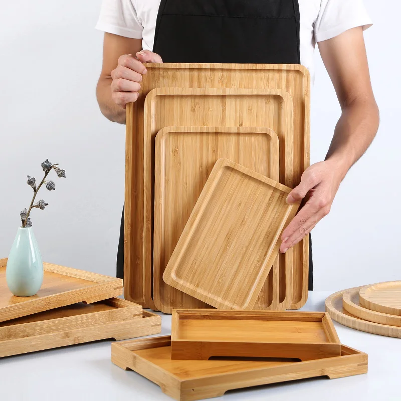 Japanese Bamboo Wooden Tray Rectangular Service Tray Bread Dinner Plate Kitchen Tableware Storage with Handle Wooden Tea Tray