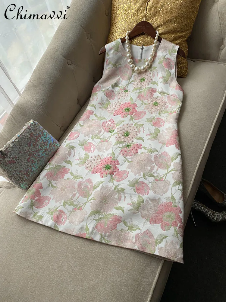 

2026 Spring New Chinese Style Elegant Retro Fashion Round Neck Sleeveless Heavy Industry Beaded Jacquard Party Dress for Women