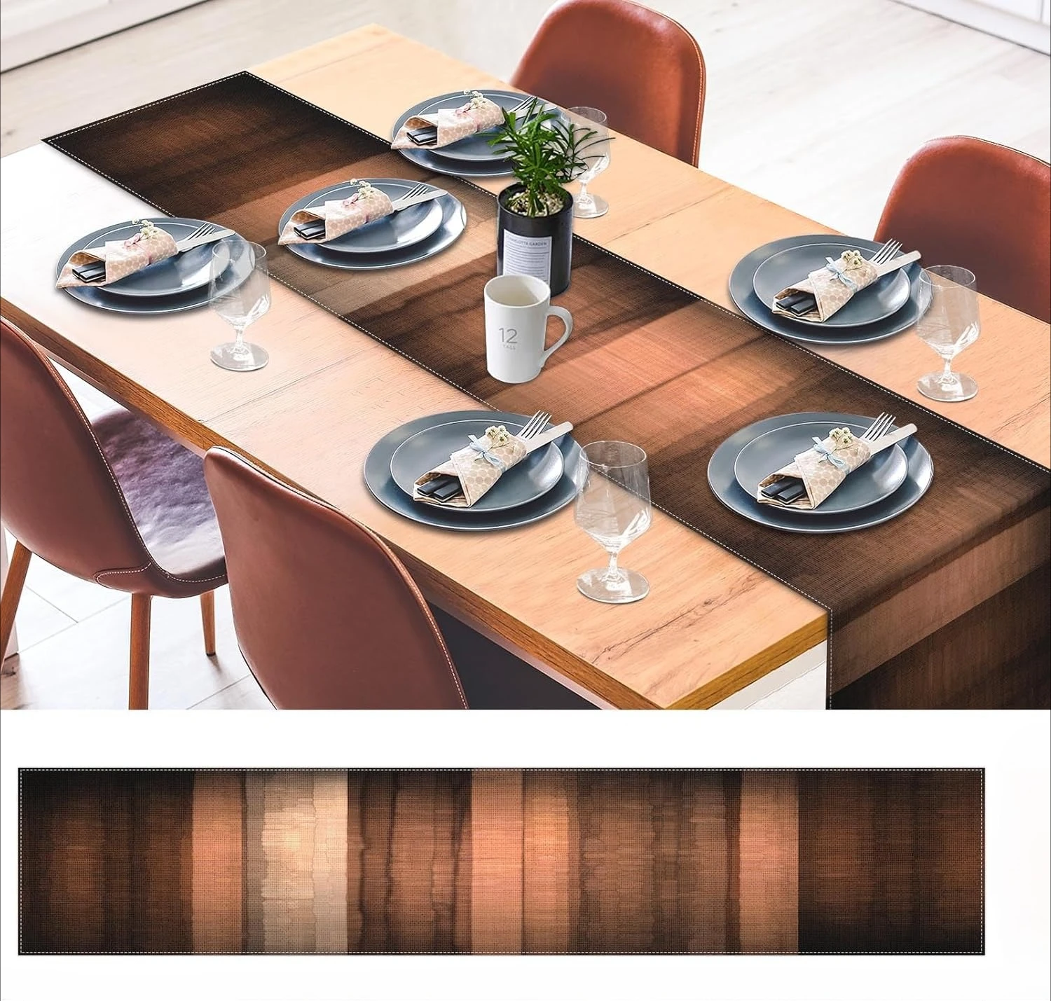 Brown Striped Table Runner - Abstract Copper Metallic Texture Rust Industrial Art Cover for Farmhouse Kitchen Dining
