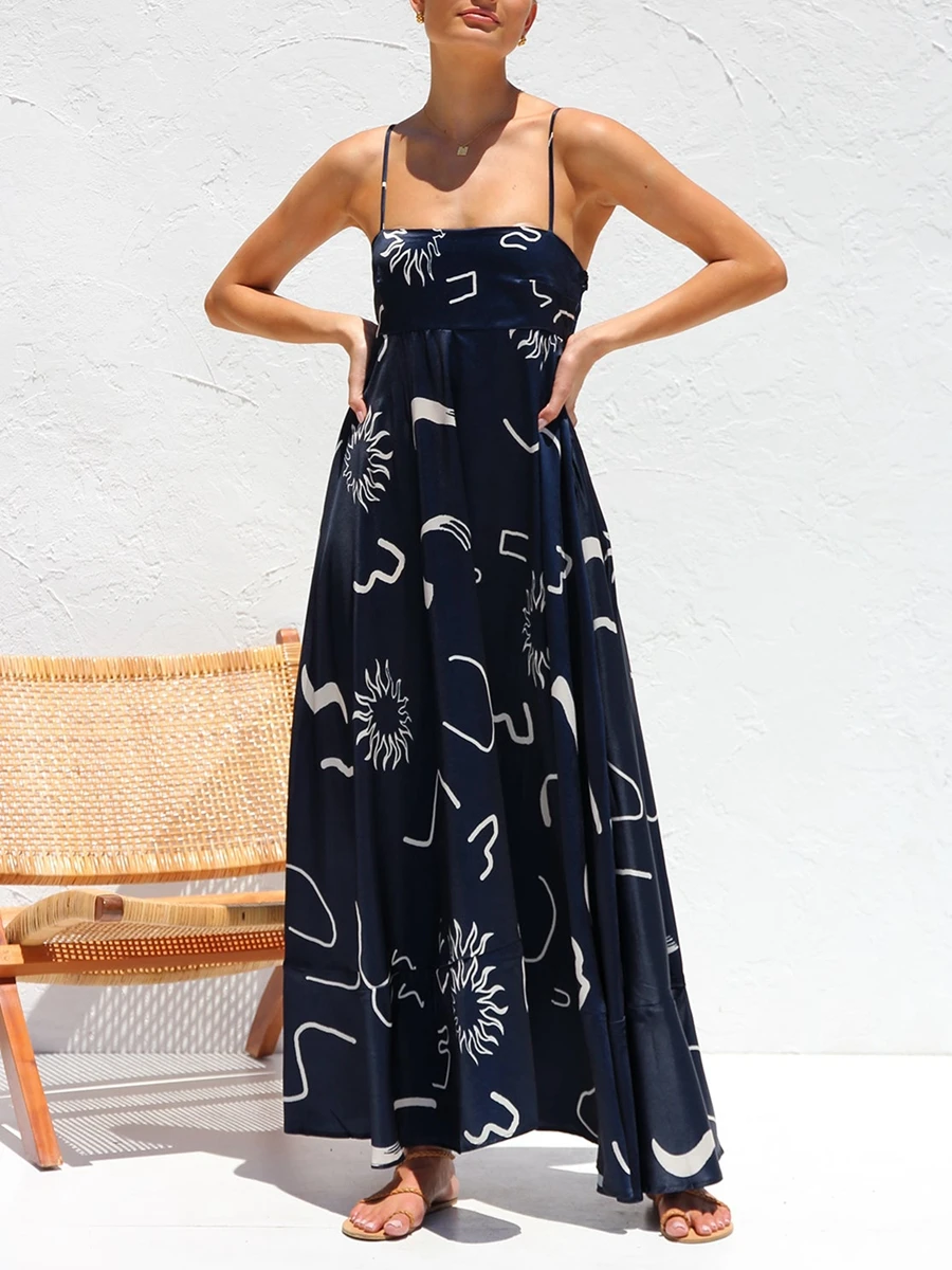 Vrouwen Grafische Print Maxi Jurk Vintage Spaghettibandjes Backless Swing Jurk Zomer Lange Zwierige Jurk Strandkleding