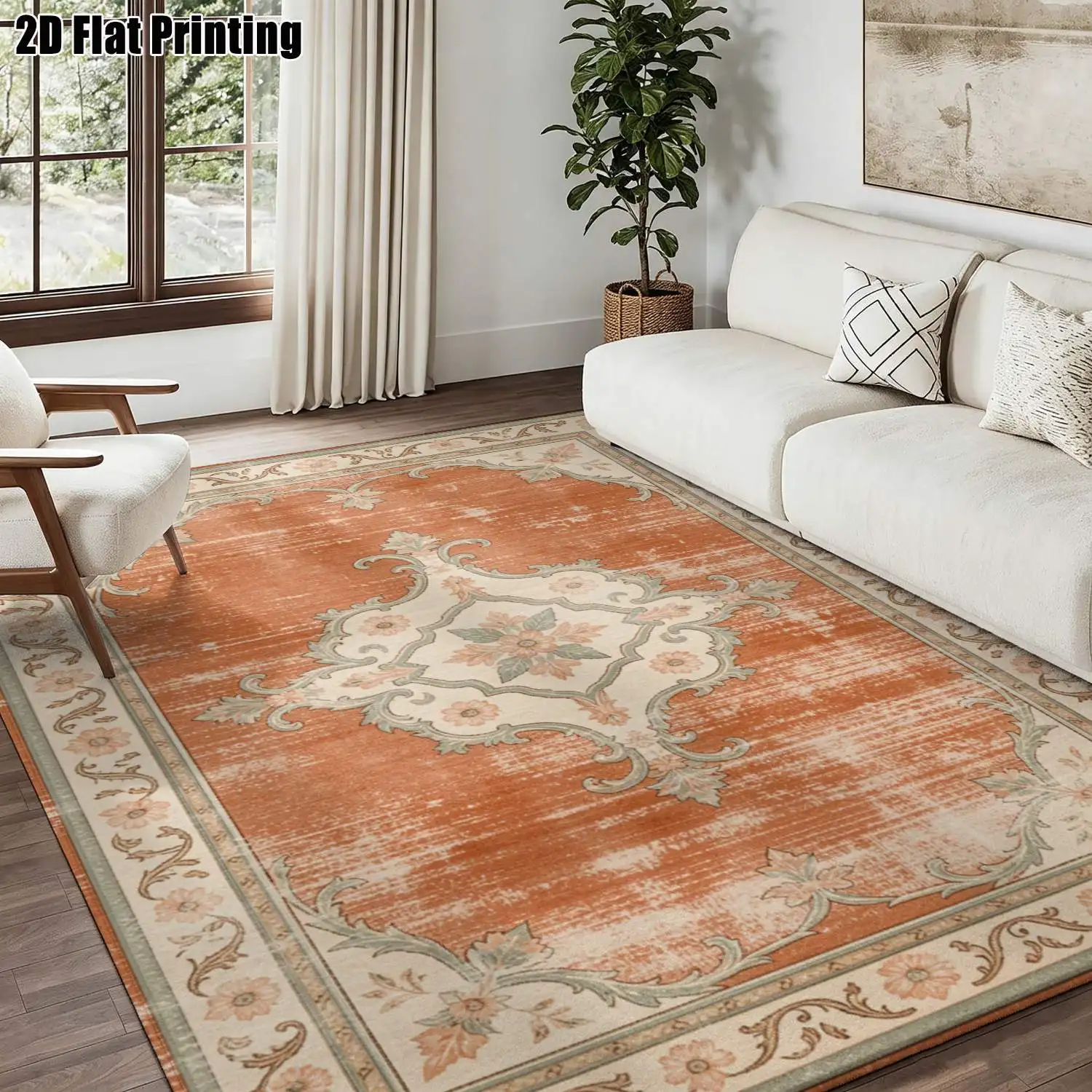 1Pc 2D Printed Retro Orange Floral Carpet: European Style Home Decor Rug, Multi-Size, Machine Washable, for Entrance, Dining, Foyer, Living Room, Bedroom