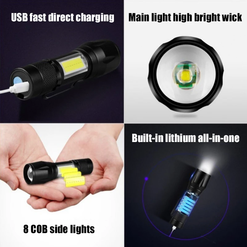 Mini tocha led recarregável lanterna portátil de carregamento usb lanterna alta potência banco acampamento à prova dlong água longo alcance lanternas de led de alta potência mini lanterna lanterna potente longo alcance