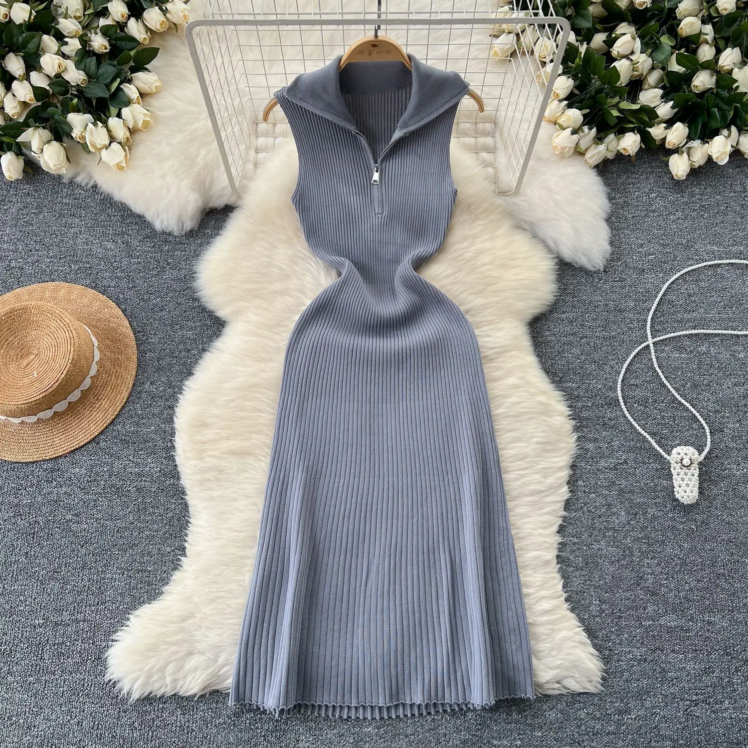 

Knee Length Dress Women Knit Dresses Turn Down Collar Zipper Vestidos Sleeveless Slim Fit Party Club Y2k Bodycon Summer 2025