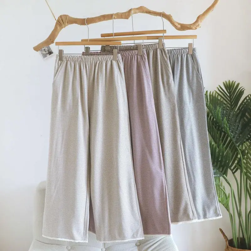 Women Waffle Fleece Sleep Pants Autumn Winter Plaid Lace Trim Elastic Waist Straight Wide Leg Home Trousers Wearable Outside
