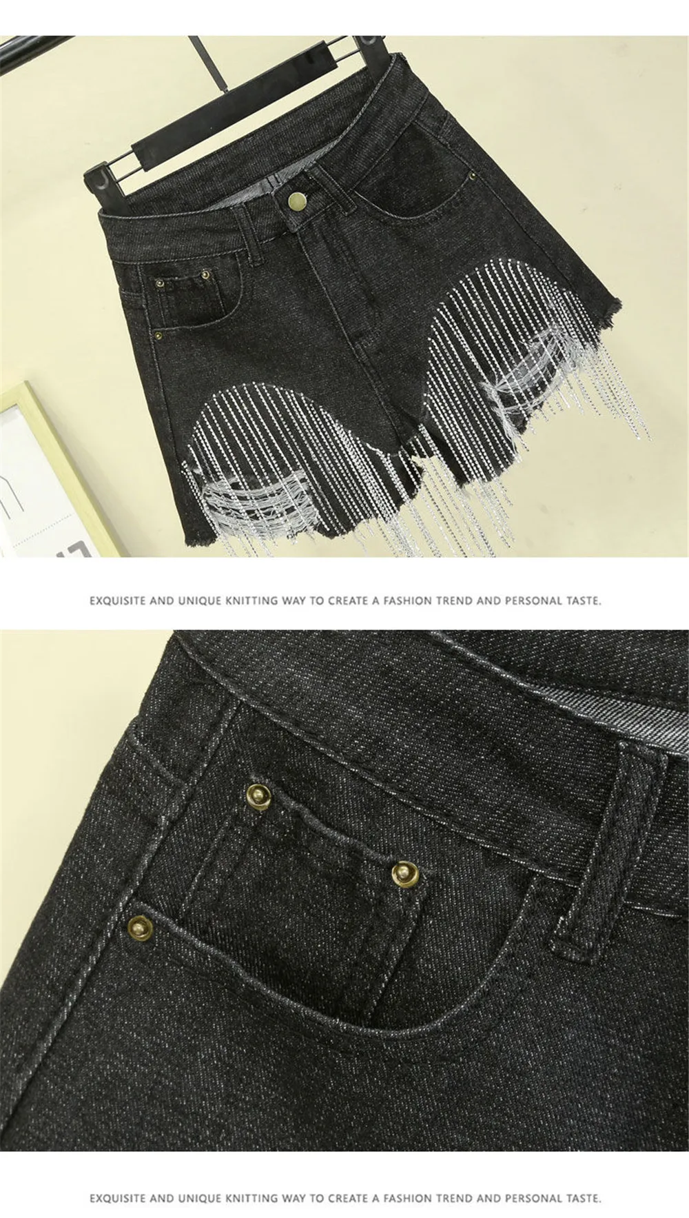 Tassel chain denim jeans for women's 2024 summer new high waisted slimming sexy shorts, heavy work beaded trend
