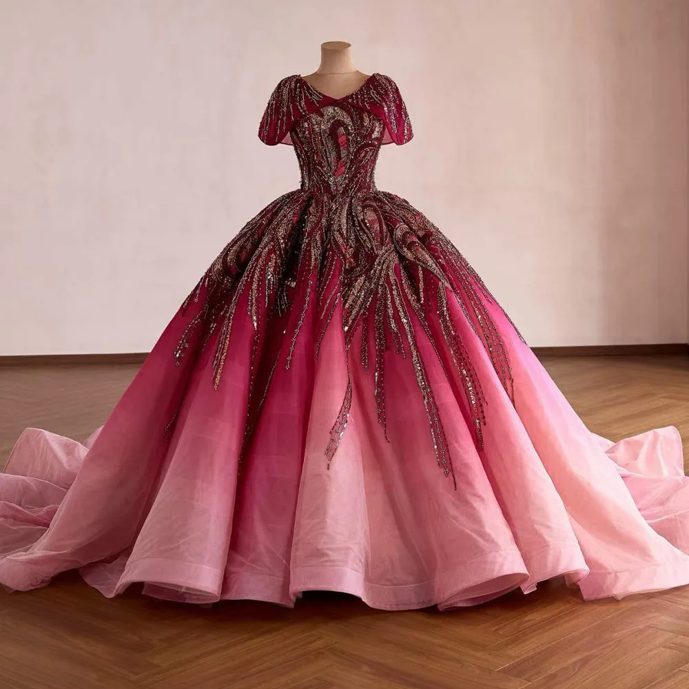 

Luxury V-Neck Cap Sleeve Evening Dress With Lace-Up Back And Sequined Embroidery Customizable Prom Dress 2026