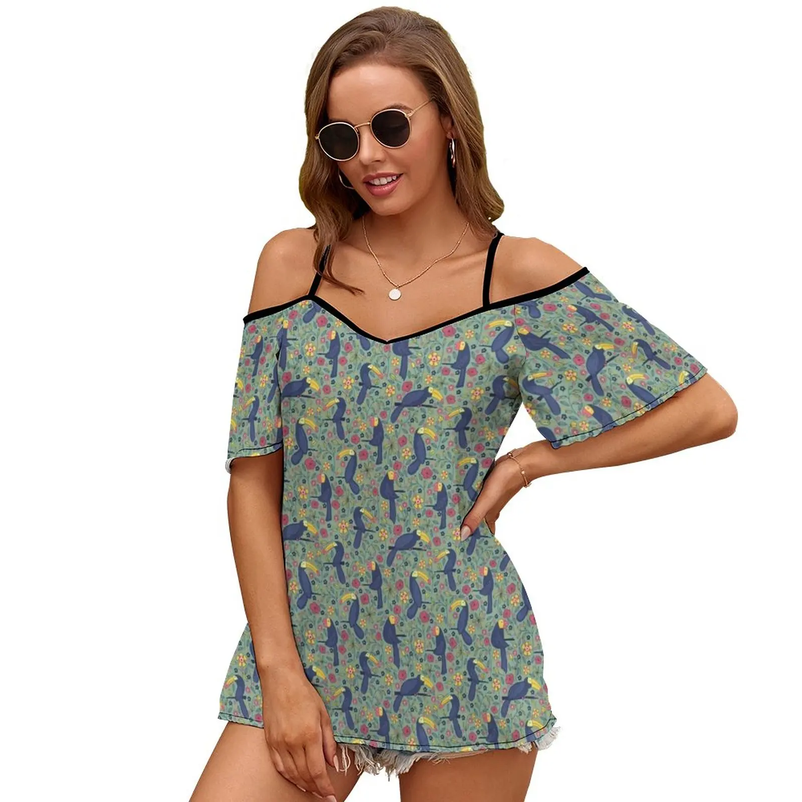 Pattern 83-Toucans And Parrots Tropical Dream Women'S T-Shirt New Fashion Printed Zipper V-Neck Short Sleeve T Shirts Casual