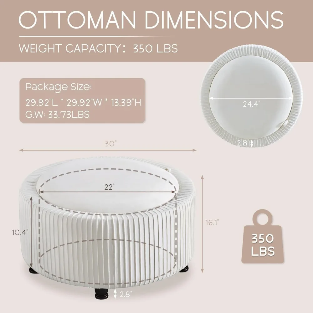 مسند تخزين دائري مخملي مقاس 30 بوصة، طاولة قهوة حديثة ذات ثنيات دائرية مع سطح قابل للإزالة، قدم عثمانية منجدة