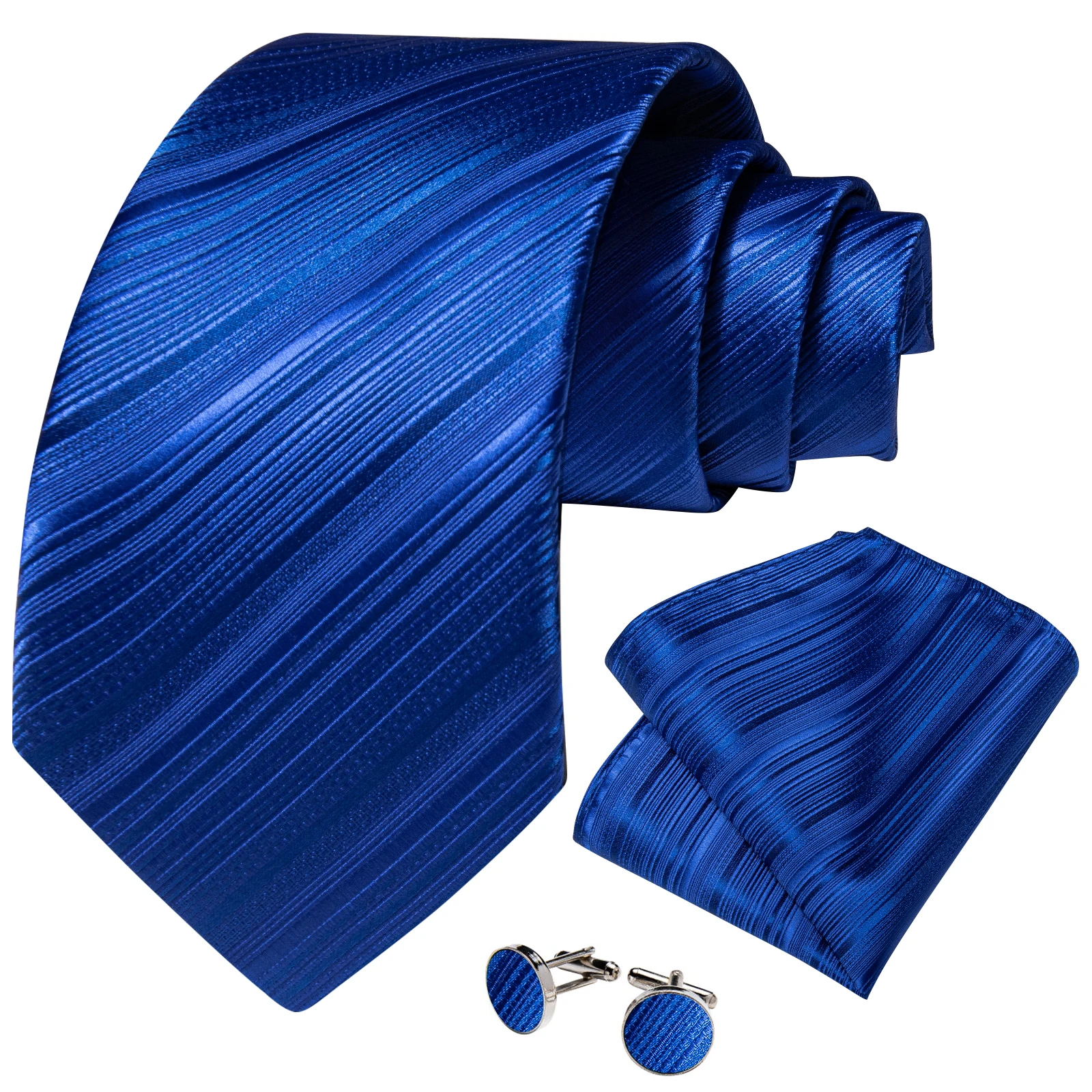 Royal Blue Solid Striped Men\'s Tie Set with Metal Ring Handkerchief Cufflinks Wedding Prom Men Accessories 8cm Necktie Gift