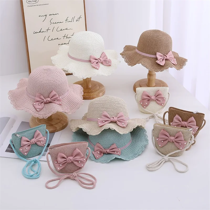 3-8 years Little Girl Beach Straw Hat And Bag 2pcs Set Summer Travel Princess Bowknot Children's Sun Cap