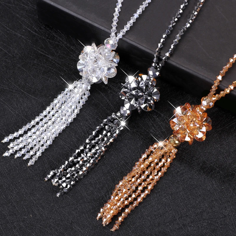 Korean Crystal Bead Long Necklace Women Autumn Winter Joker Sweater Chain Fashion 2024 Kpop Tassel Pendant Neck Decoration