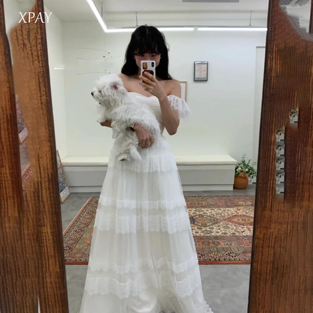 

XPAY Chic Sweetheart Korea Wedding Dresses Customized Soft Tulle Lace Photos Shoot Bride A-line Floor-Length Reception Gown