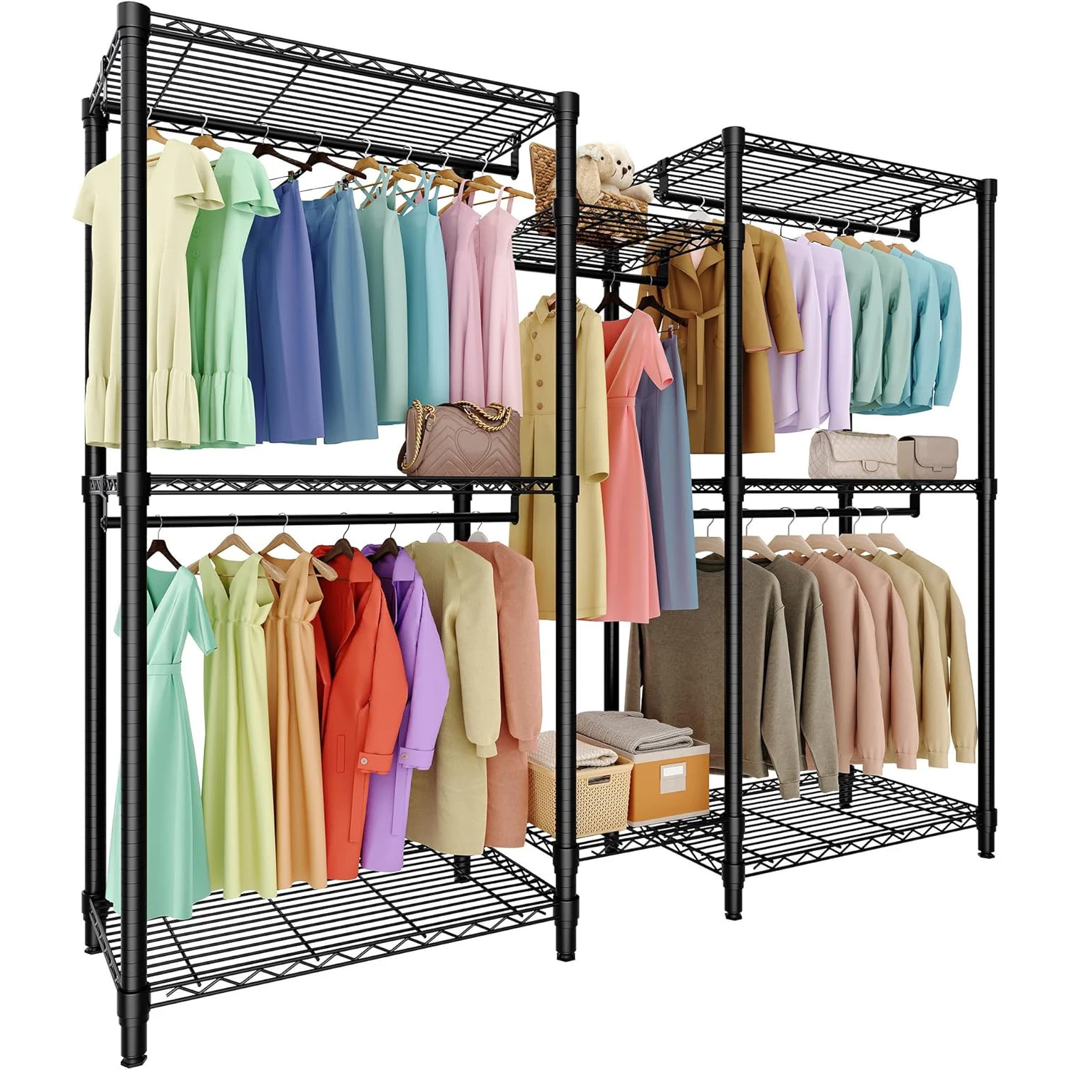 

Heavy Duty Clothes Rails,Clothes Rack with 5 Hang Rods & 8 Shelves Freestanding Wardrobe Closet for Corner,Coat Rails