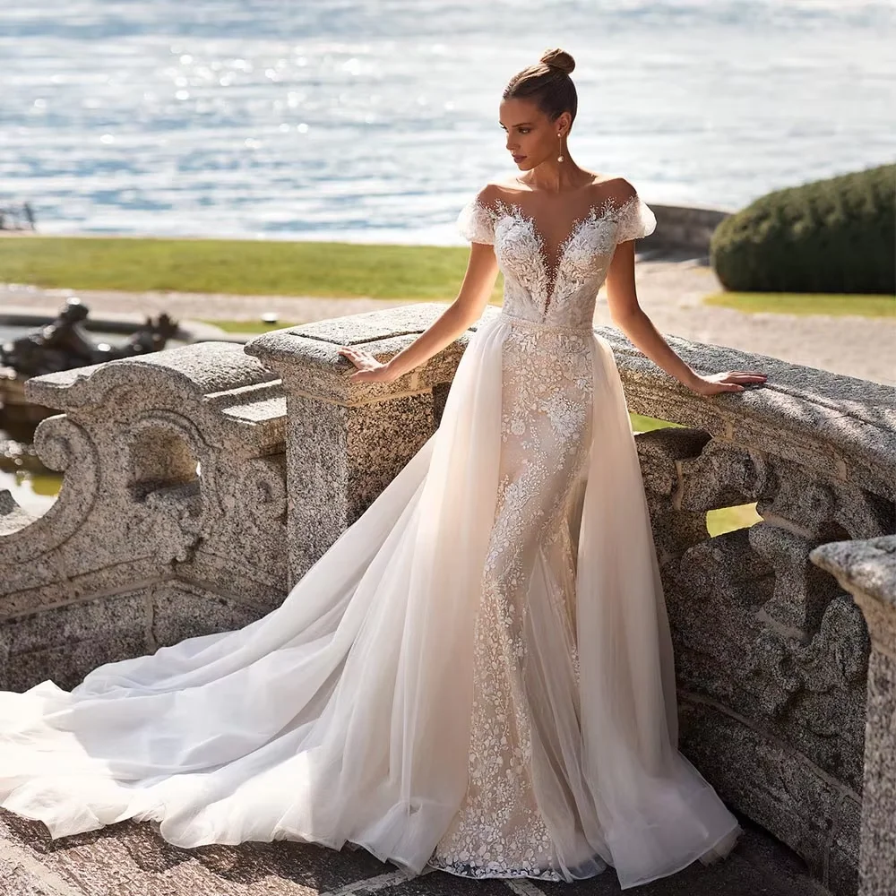 

Customize Deep V-Neck Buttons Up Back Short Sleeve Beading Sequins Lace 2 Pieces Mermaid Wedding Dresses With Detachable Train