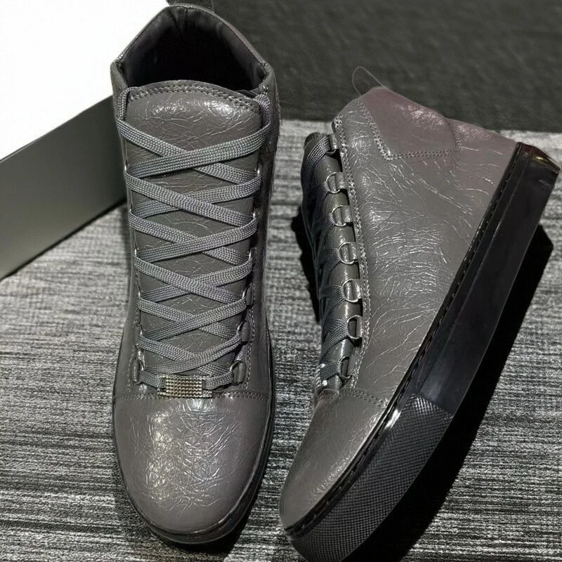 

Men's Lace Up Casual Shoes Plus Size Street Trendy Shoes High Top Gray Pleated Leather Board Shoes Red Blue White Sports Shoe