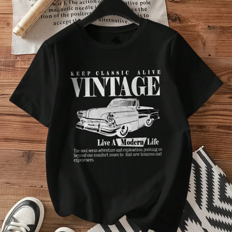 

Vintage Classic Car Graphic Letter Print T-Shirt Women's Casual Minimalist Round Neck Loose Fit Short Sleeve for Daily Wear