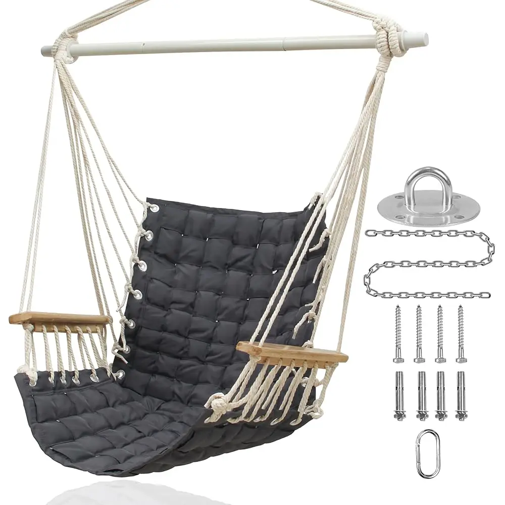 

[Upgraded] Hammo Chair Hanging Swing With Wooden Armrests;Steel Spreader Bar And Anti-Slip Rings;Cotton Woven Fabric;Up To 300