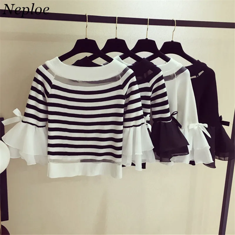 Neploe New Sweet Striped Bow Women Blouse Three Quarter Flare Sleeve Female Blusas Fashion Knitted Slim O-Neck  Blusa 67641