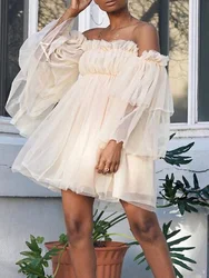2022 Summer Long Sleeve Pleated Loose Dress Women Spring Off Shoulder Mesh Party Dress Sexy Slash Neck Backless Mini Short Dress
