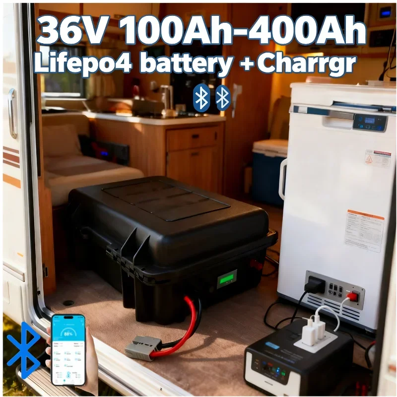 

36V LiFePO4 Battery 100Ah-400Ah with Bluetooth BMS + Charger for Fishing Boat/Golf Cart/Solar RV Camper Van