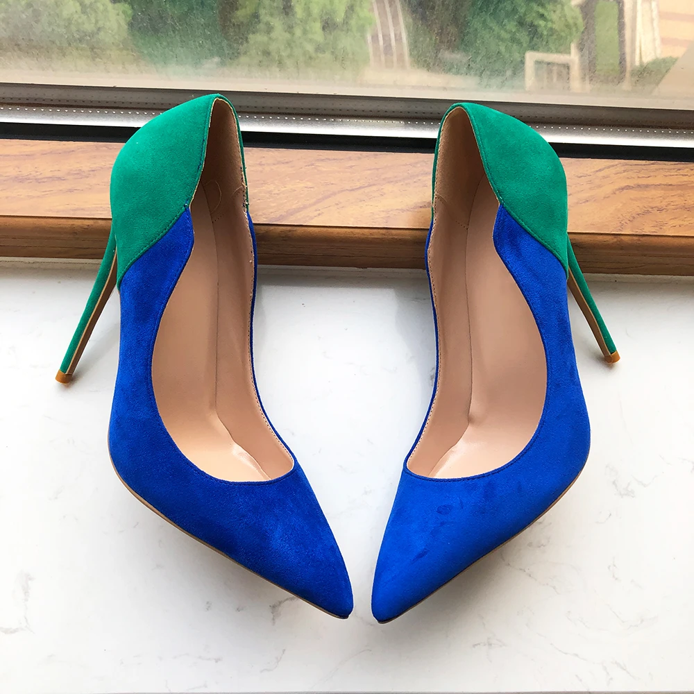 Tikicup Blue With Green Flock Women Elegant Pointy Toe High Heel Shoes Sexy Stiletto Pumps Party Dress Customizable 12/10/8cm