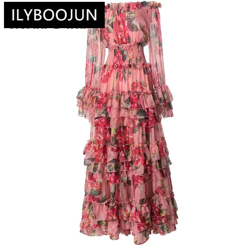 

ILYBOOJUN 2024 Summer High Quality Women Dress Bohemian Floral Print Chiffon Elastic Waist Cascading Ruffle Flare Sleeve Dresses