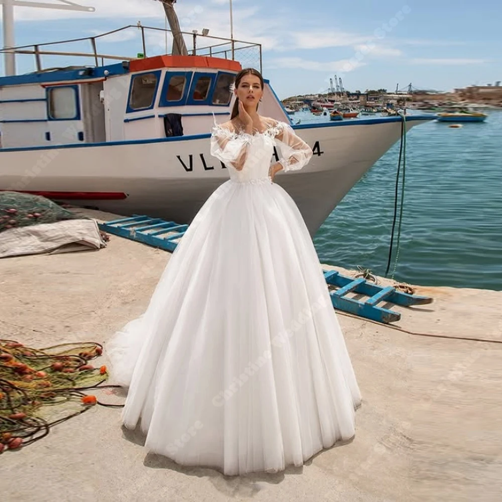 

Off The Shoulder Long Sleeves Wedding Dresses For Women Fascinating Lace Print Bride Gowns Engagement Banquet Vestidos De Novias