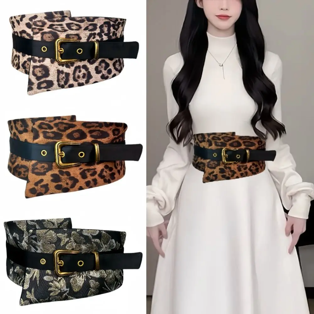 Casual Retro Leopard Print Belt Ethnic Style PU Leather Wide Cummerbund Korean Style Y2K Cowboy Waistband Trousers