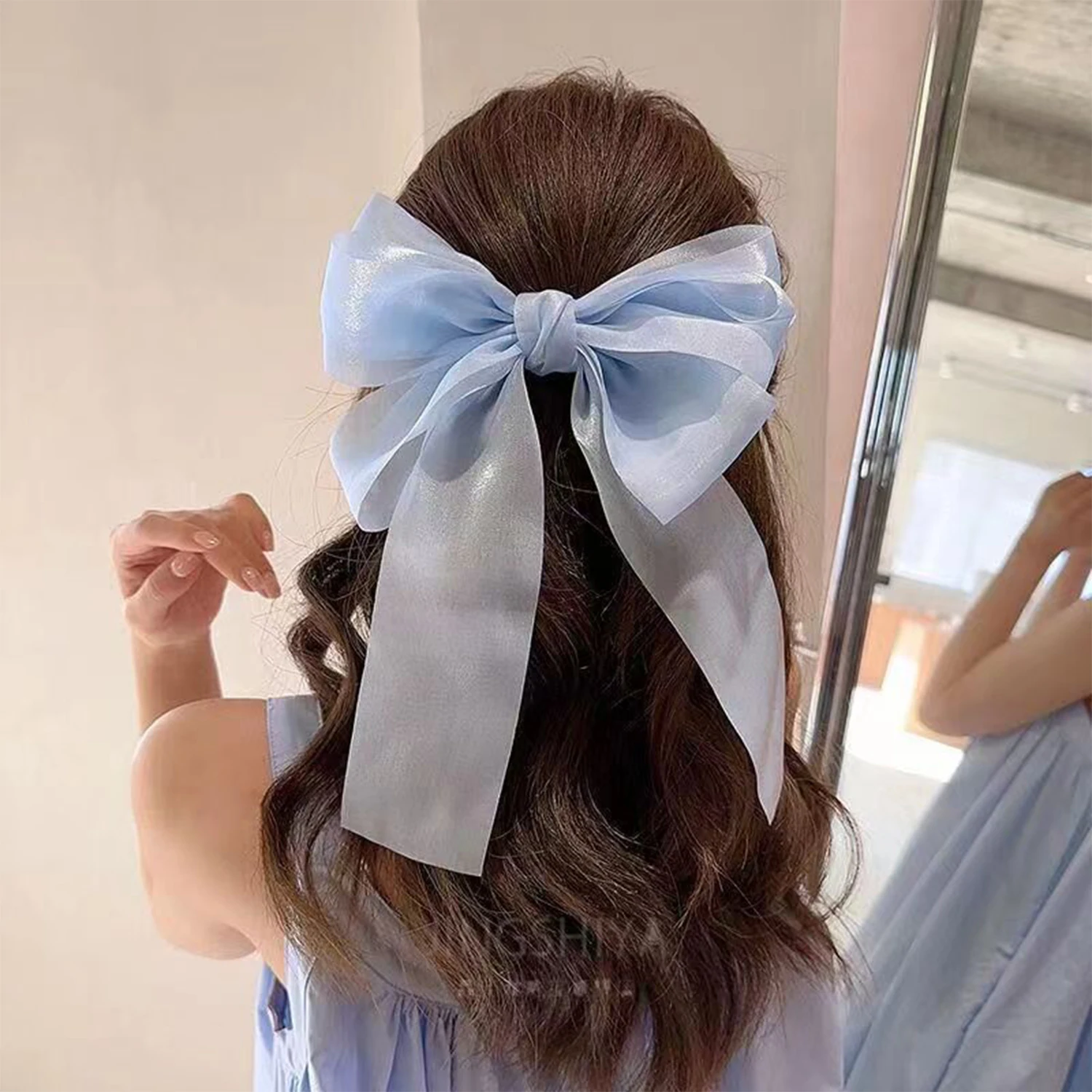 Sweet Organza Bow Hair Clips Girls Blue Pink Bowknot Hair Clips Ribbon Bow Barrette Hairpin Grip Ponytail Clip Headwear