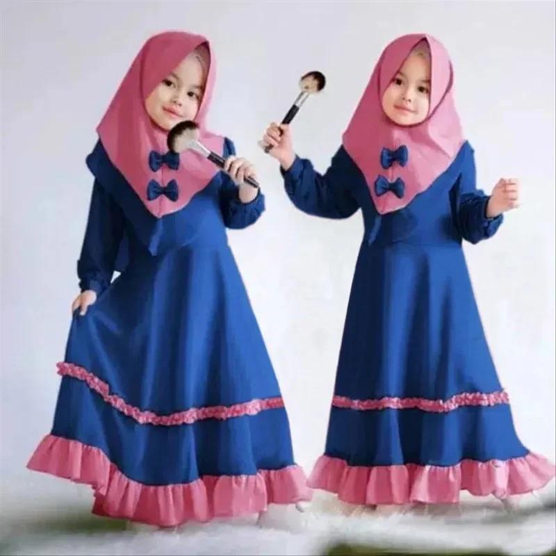 Muslim Kids Girls Hijab Abaya 2 Piece Set Islamic Maxi Dress Scarf Khimar Kaftan Ruffle Party Gown Robe Caftan Prayer Garment