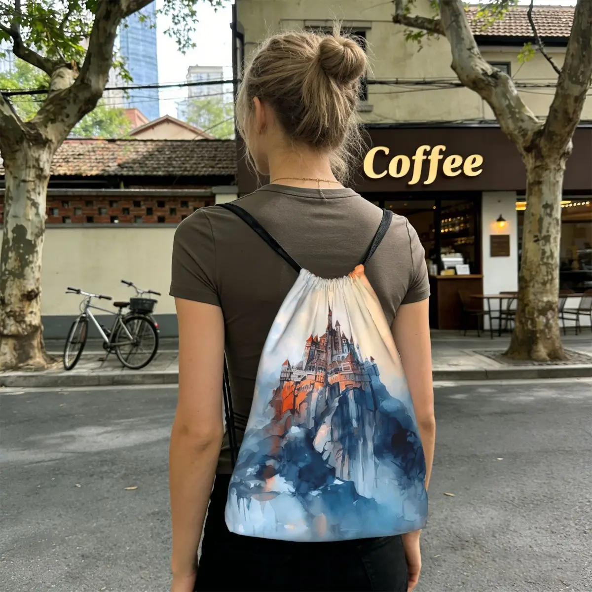 

Ink Painting Mist Castle Pattern Backpacks Casual Drawstring Bundle Pocket Sports Bag Book Bags for Travel Students