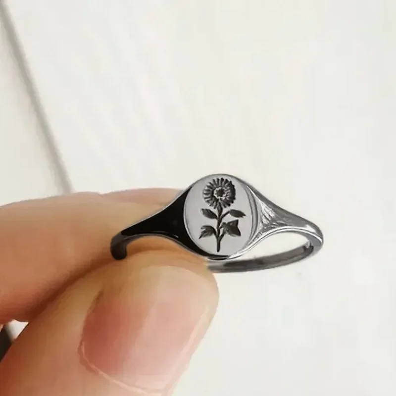 2026 Minimalist Floral Niche Design Ring Seal Sunflower Pattern  Small Fresh Male and Female Index Finger