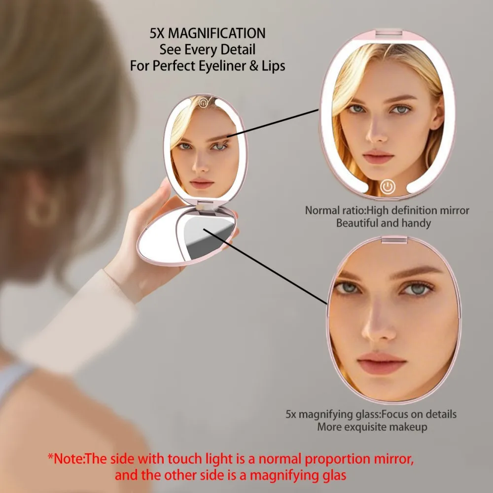 Espelho de maquiagem LED com ampliação 5x, 3 modos de cor e regulável, espelho de viagem com luzes, carregamento tipo C, liga/desliga magnético