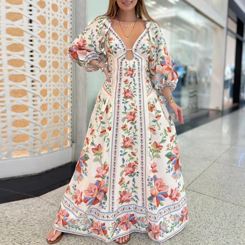 Elegant Deep V-Neck Half Sleeved Office Commute Dress Lady Bohemian 3d Pattern Dress Vintage Printed Loose Oversized Long Dress