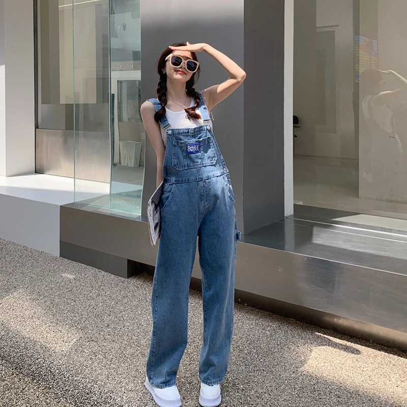 

American Retro Overalls Women's Summer Thin High Waist ort plus Size Long Pants Denim Jeans Jumpsuit Button Pure Color Embr...